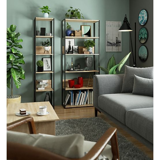 Kovinski loft regal 80 cm - črna-dub sonoma - 6 polic