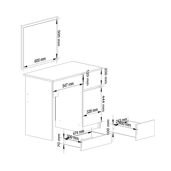 KOZMETIČNA TOALETNA MIZA Z OGLEDALOM P-2/SL 500x600 DESNA PK BELA