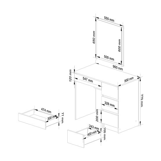 KOZMETIČNA TOALETNA MIZA Z OGLEDALOM T-6/SL 500x600 DESNA BELA