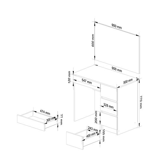 KOZMETIČNA TOALETNA MIZA Z OGLEDALOM T-6/SL 900x600 DESNA PK BELA
