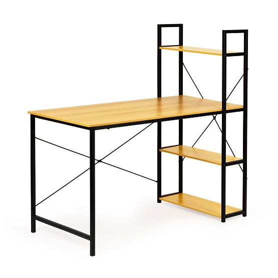 Lesena računalniška miza s policami v loft slogu