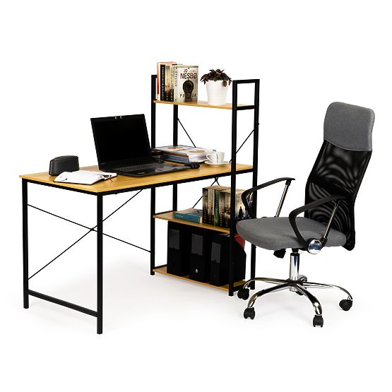 Lesena računalniška miza s policami v loft slogu