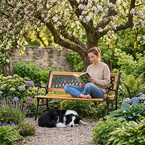 Lesena vrtna klop 126x51 cm z mrežastim naslonjalom in litoželeznimi nogami parkovna MultiGarden