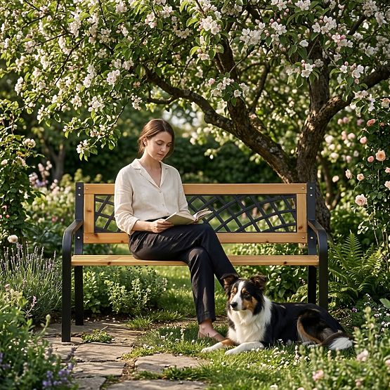 Lesena vrtna klop s mrežastim naslonom 118x52 cm park MultiGarden