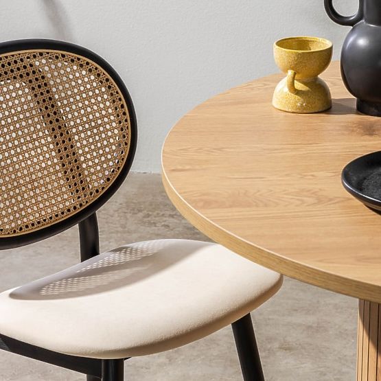 Leseni stol Monet z dunajsko pletenino, ratan, žamet, črna/bež