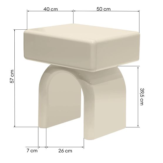 Nočna omarica s predalom Blush, kremno bela, sijajna, obokana oblika