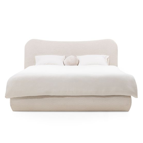 Oblazinjena postelja Derry 140x200 cm, z letvami in shranjevalnim prostorom, zaobljena, bež