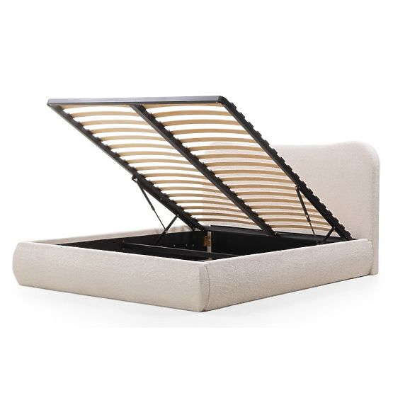 Oblazinjena postelja Derry 160x200 cm, z letvami in shranjevalnim prostorom, zaobljena, bež