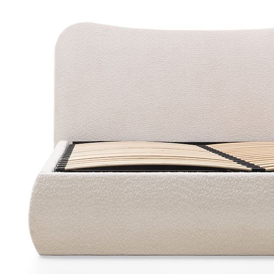 Oblazinjena postelja Derry 160x200 cm, z letvami in shranjevalnim prostorom, zaobljena, bež