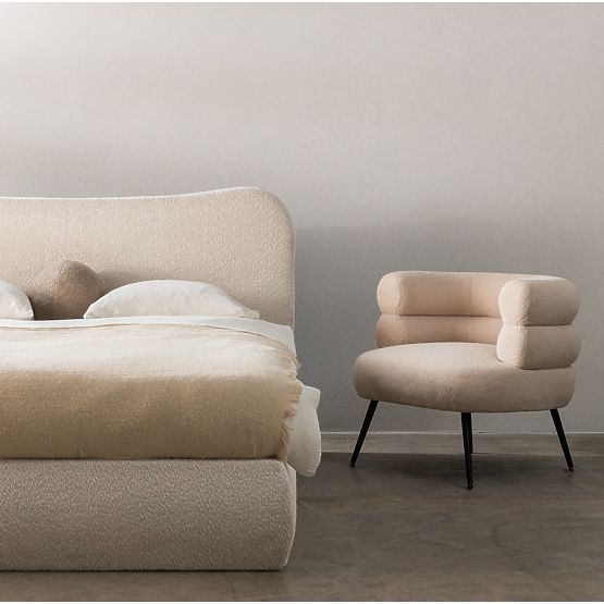 Oblazinjena postelja Derry 160x200 cm, z letvami in shranjevalnim prostorom, zaobljena, bež