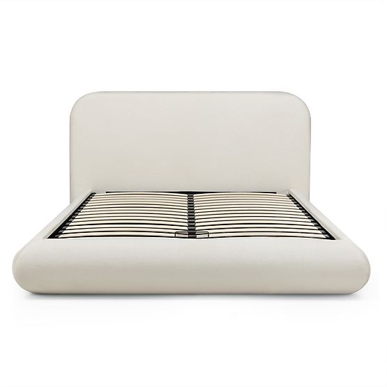 Oblazinjena postelja Lumi 160x200 cm, z letvami in shranjevalnim prostorom, zaobljena, svetlo bež