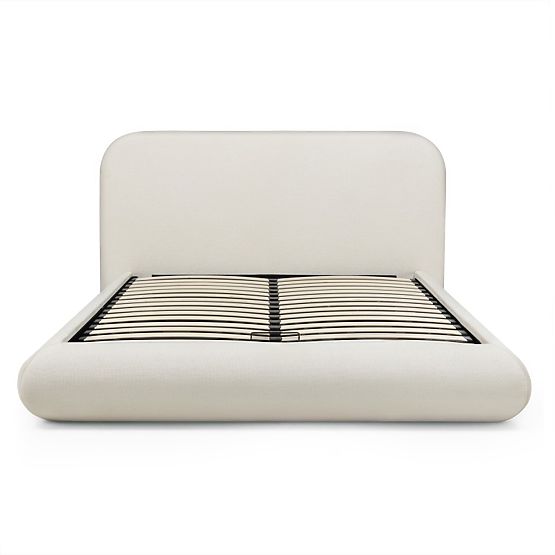 Oblazinjena postelja Lumi 160x200 cm, z letvami in shranjevalnim prostorom, zaobljena, svetlo bež