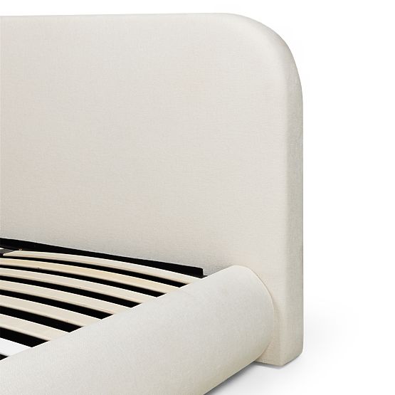 Oblazinjena postelja Lumi 160x200 cm, z letvami in shranjevalnim prostorom, zaobljena, svetlo bež