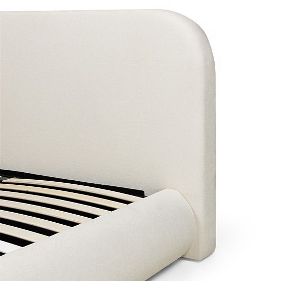 Oblazinjena postelja Lumi 160x200 cm, z letvami in shranjevalnim prostorom, zaobljena, svetlo bež