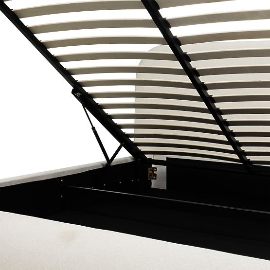 Oblazinjena postelja Lumi 160x200 cm, z letvami in shranjevalnim prostorom, zaobljena, svetlo bež