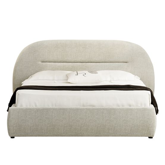 Oblazinjena postelja Luno 160x200 cm, z letvami in shranjevalnim prostorom, svetlo bež, zaobljena