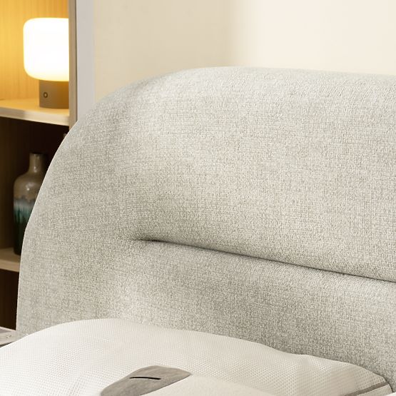 Oblazinjena postelja Luno 160x200 cm, z letvami in shranjevalnim prostorom, svetlo bež, zaobljena