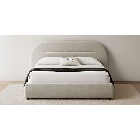 Oblazinjena postelja Luno 160x200 cm, z letvami in shranjevalnim prostorom, svetlo bež, zaobljena