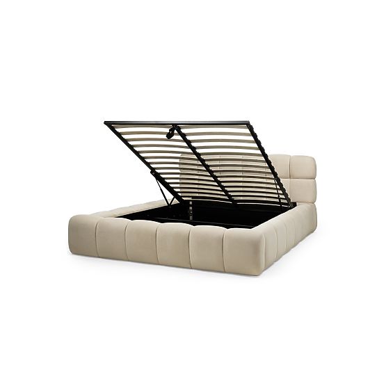 Oblazinjena postelja Nexo 160x200 cm, z letvami in shranjevalnim prostorom, svetlo bež, zaobljenih o