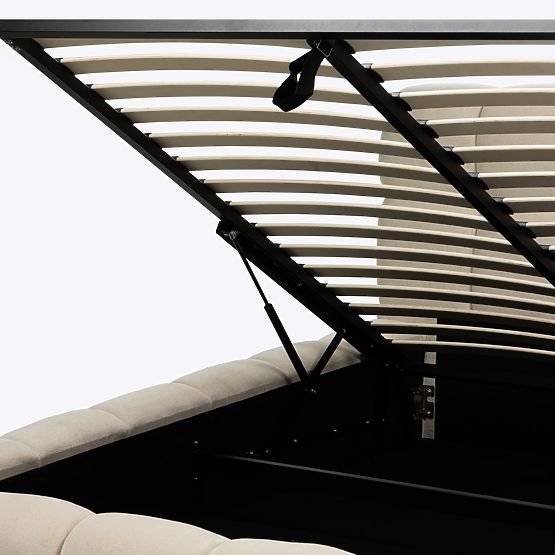 Oblazinjena postelja Nexo 160x200 cm, z letvami in shranjevalnim prostorom, svetlo bež, zaobljenih o