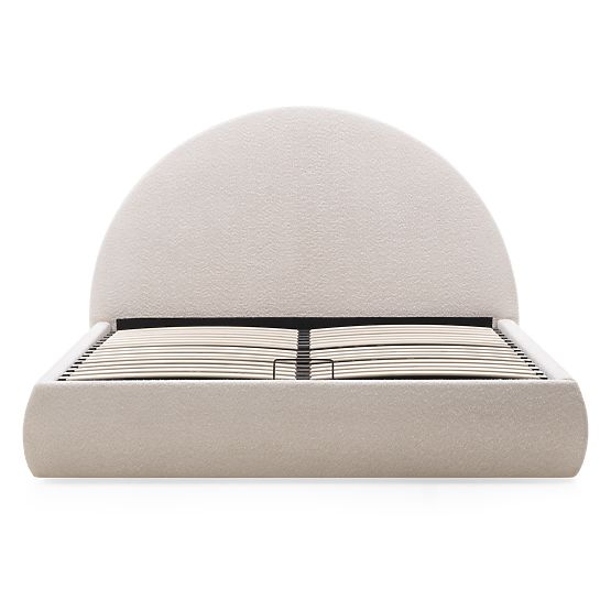 Oblazinjena postelja Orbi 140x200 cm, z letvami in shranjevalnim prostorom, zaobljena, bež