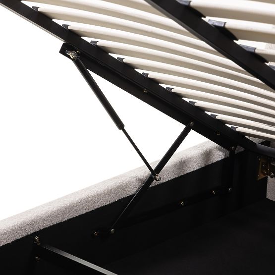 Oblazinjena postelja Orbi 140x200 cm, z letvami in shranjevalnim prostorom, zaobljena, bež