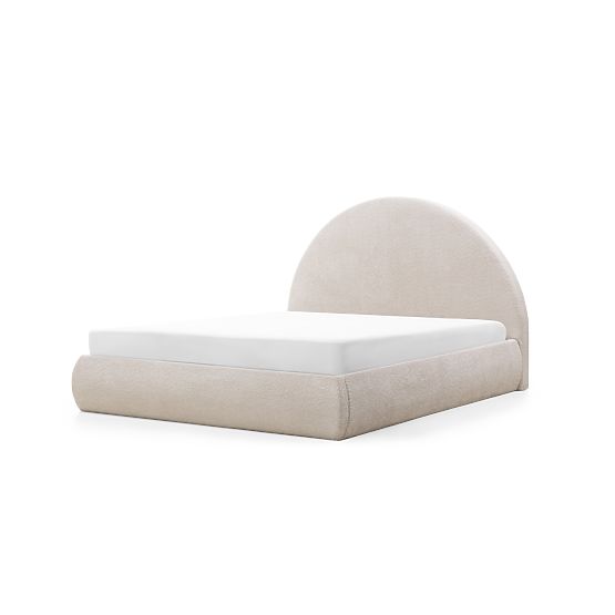 Oblazinjena postelja Orbi 140x200 cm, z letvami in shranjevalnim prostorom, zaobljena, bež