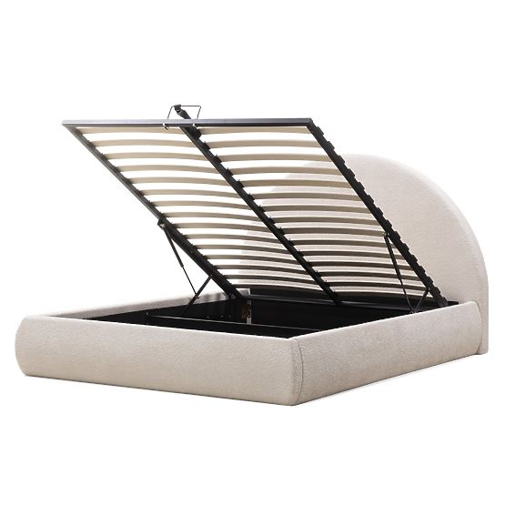 Oblazinjena postelja Orbi 140x200 cm, z letvami in shranjevalnim prostorom, zaobljena, bež