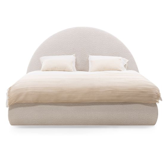 Oblazinjena postelja Orbi 160x200 cm, z letvami in shranjevalnim prostorom, zaobljena, bež