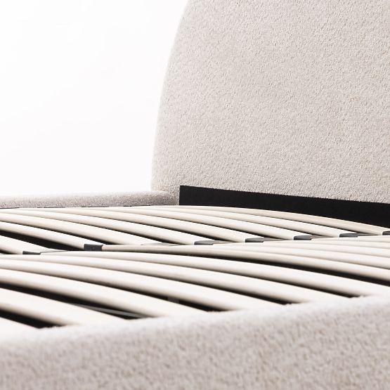 Oblazinjena postelja Orbi 160x200 cm, z letvami in shranjevalnim prostorom, zaobljena, bež