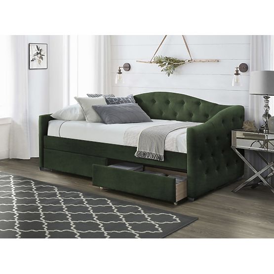 Oblazinjena postelja s predali ALOHA 90 x 200 cm - Temno zelena