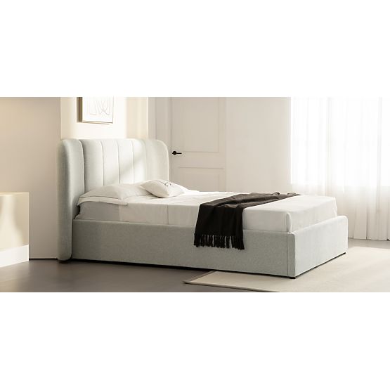 Oblazinjena postelja Snoovia 160x200 cm, z letvami in shranjevalnim prostorom, svetlo bež