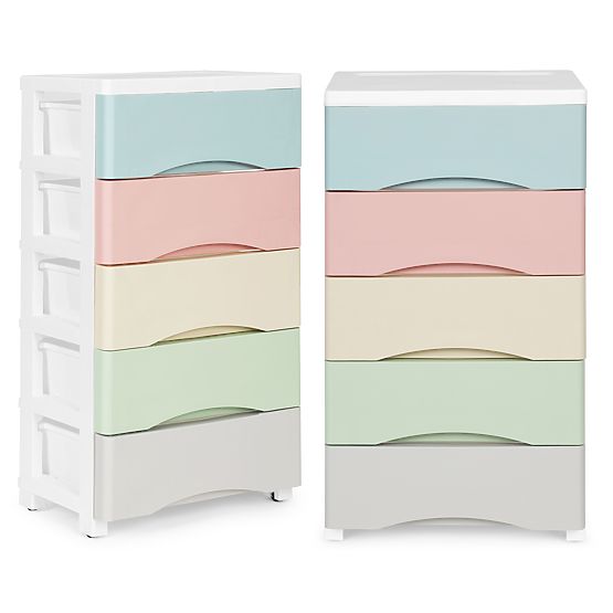 Regal s 5 izvlečnimi predali, noge s kolesci, barvni predali ModernHome