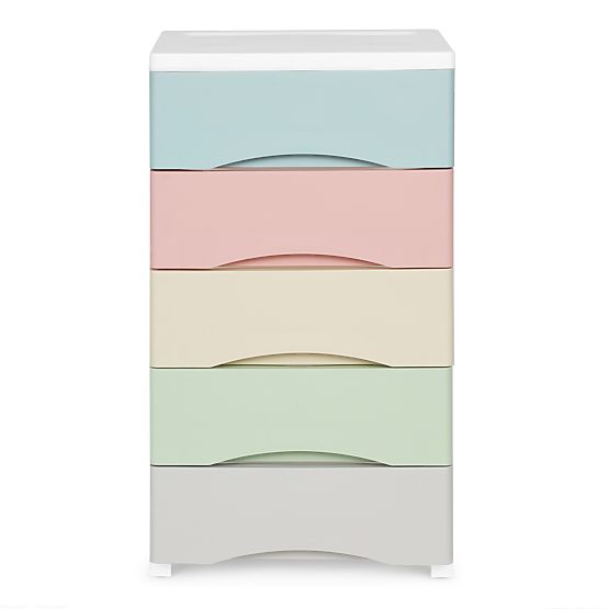 Regal s 5 izvlečnimi predali, noge s kolesci, barvni predali ModernHome