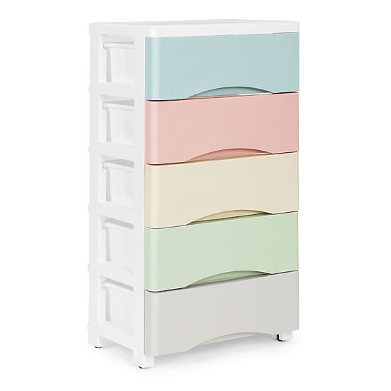 Regal s 5 izvlečnimi predali, noge s kolesci, barvni predali ModernHome