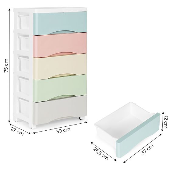 Regal s 5 izvlečnimi predali, noge s kolesci, barvni predali ModernHome