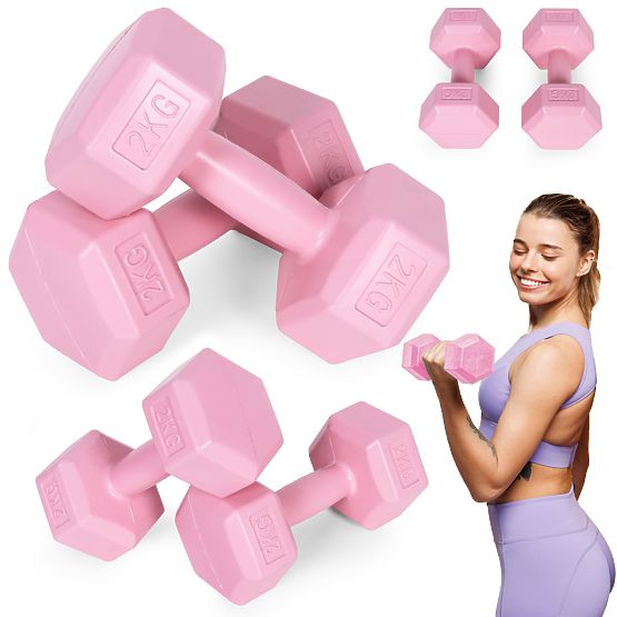 Šestkotniški uteži set 2x2 kg za vadbo fitnes roza ModernHome