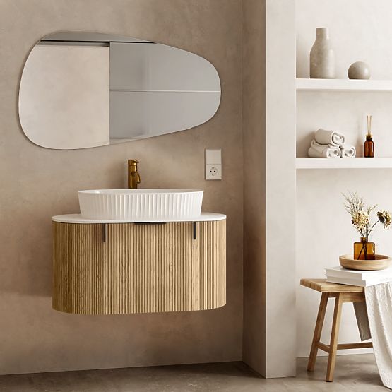 Set omarica z desko in umivalnikom La simplicite 80 cm, z utori, zaobljena, Glit White/hrast
