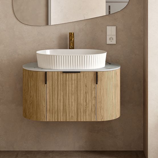 Set omarica z desko in umivalnikom La simplicite 80 cm, z utori, zaobljena, Glit White/hrast