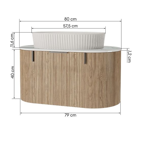 Set omarica z desko in umivalnikom La simplicite 80 cm, z utori, zaobljena, Glit White/hrast