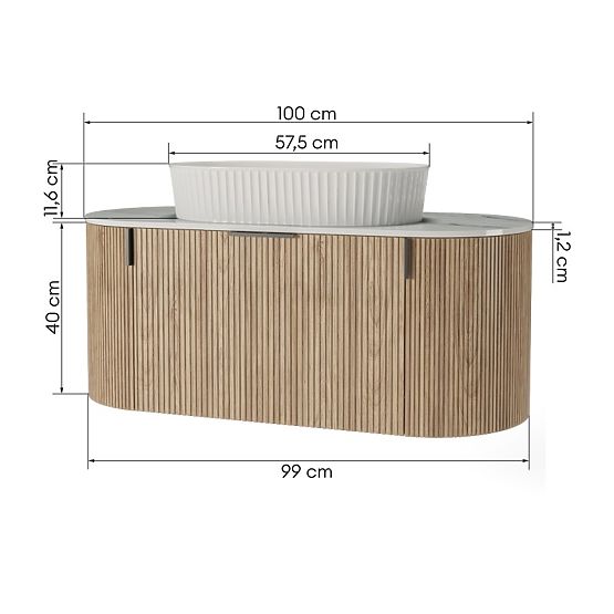 Set omarice s ploščo in umivalnikom La simplicite 100 cm, rebrasta, zaobljena, Glit White/hrast