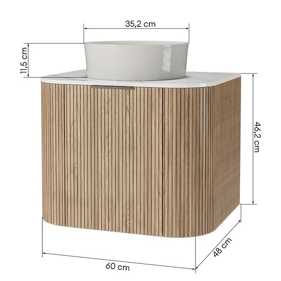 Set omarice z desko in umivalnikom Matinale 60 cm, rebrasta, zaobljena, Glit White/akacija