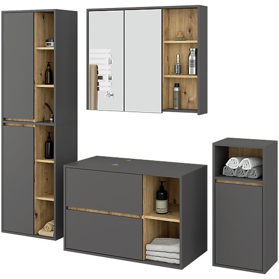 SET VISEČE KOPALNIŠKE POHIŠTVA Z ODPRTINAMI VAMI GRAFIT SIVA / DUB ARTISAN