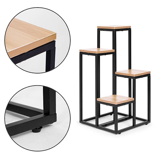 Stojalo za rože, regal za rože, dekoracija, 4 police, kovina, MDF, svetel oreh, ModernHome