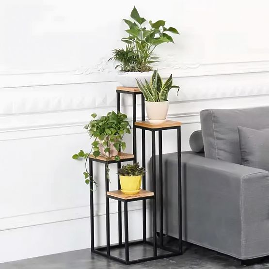 Stojalo za rože, regal za rože, dekoracija, 4 police, kovina, MDF, svetel oreh, ModernHome