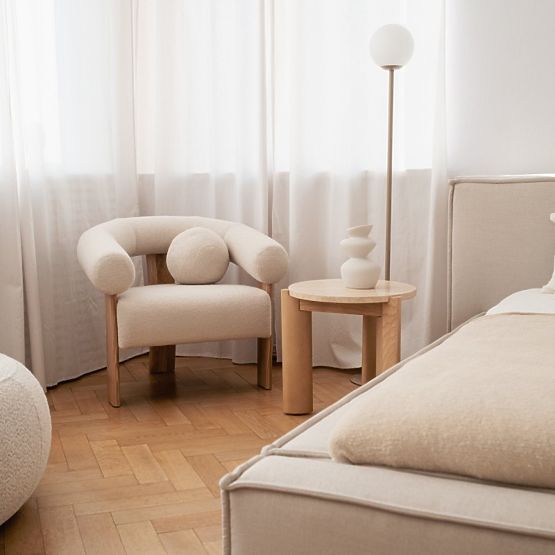 Stranska miza Medley 50 cm, okrogla, travertin/jesen