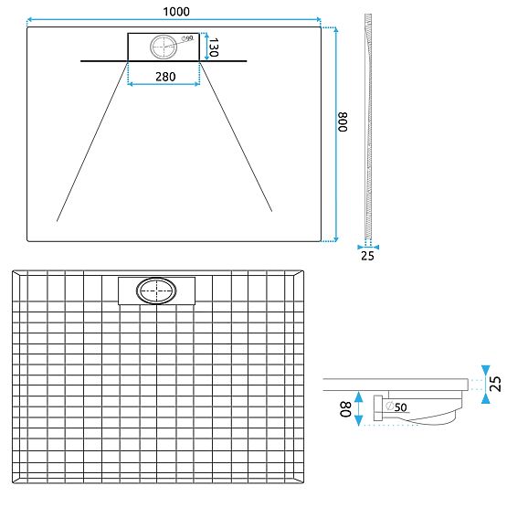 Tuš kad Bazalt Long White 80x100