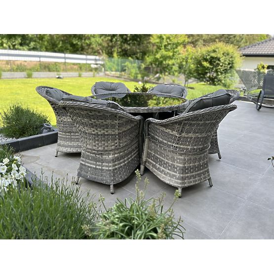 Velika jedilna garnitura iz tehnoratana (6 stolov + miza) MODERNO svetlo siva