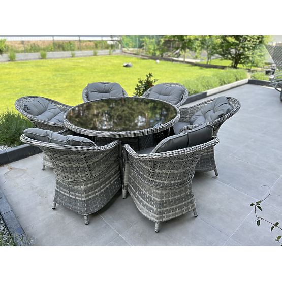 Velika jedilna garnitura iz tehnoratana (6 stolov + miza) MODERNO svetlo siva