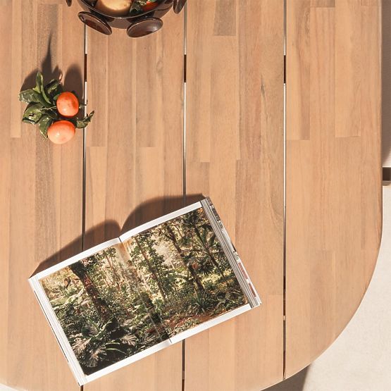 Vrtna garnitura Satori II, miza 240 cm + 8 stolov, akacijev les FSC, videz tikovine, bež, zaobljena